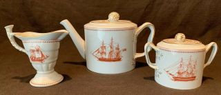Spode Trade Winds Red Tea Set Teapot Sugar Bowl With Lid Creamer