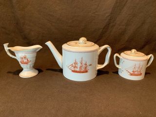 Spode Trade Winds Red Tea Set Teapot Sugar Bowl with Lid Creamer 2