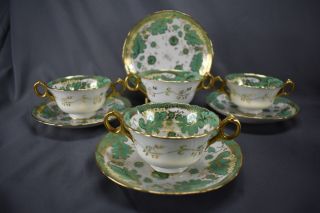 (4) Brown Westhead Moore Cauldon Green Leaves & Gold Bouillon Cups & Saucers