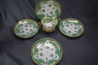 (4) Brown Westhead Moore Cauldon Green Leaves & Gold Bouillon Cups & Saucers 2
