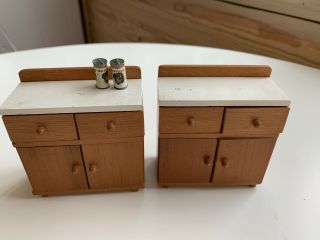 Vintage Dollhouse Miniature Furniture Kitchen Cabinet Wood Counter Drawer Storag