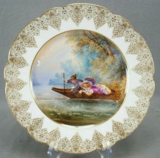 D & C Limoges Hand Painted Couple Fishing & Gold Dinner Plate Circa 1881 - 1893