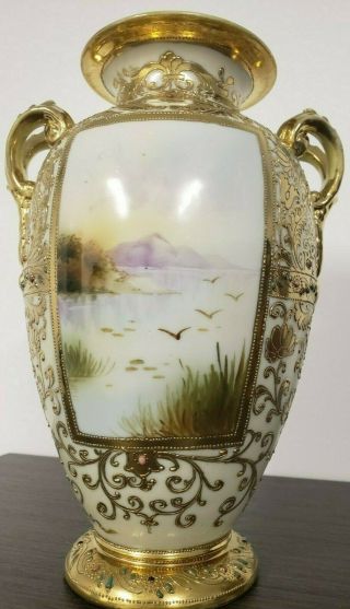 Hand Painted Lake Scene Beaded Heavy Gold Porcelain 2 Handle Nippon Vase