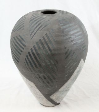 Jeff Reich Raku Studio Pottery Large 15” Vase Geometric Black White Signed