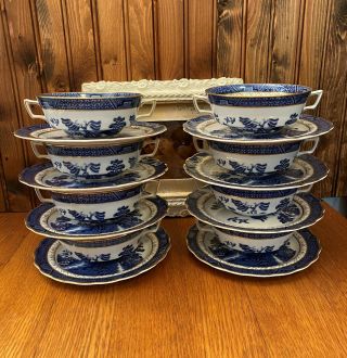 Set Of 8 Royal Doulton Booths Real Old Willow Cream Soup Bowls With Saucers