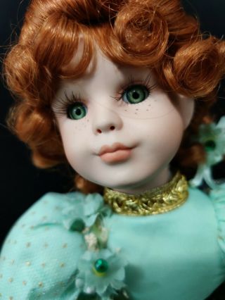 Vintage Porcelain Doll Red Hair Green Dress W Gold Trim 14 " Tall Bare Feet