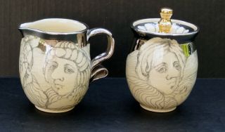 Mary Lou Higgins Decorated Portrait Studio Pottery Creamer And Lidded Sugar Bowl