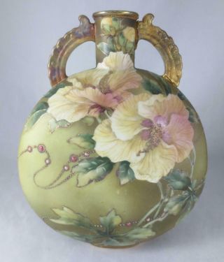 C1891 Nippon 9 " Moon Flask Vase Hibiscus Flowers & Jewels (repaired Handle)