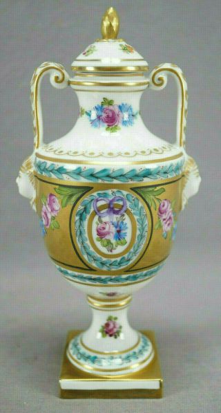 Dresden Carl Thieme Hand Painted Pink Roses Purple Ribbon & Gold 7 Inch Urn A