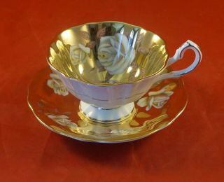 Queen Anne Gold Tea Cup & Saucer White Cabbage Rose