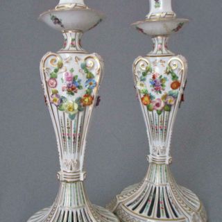 Antique Dresden Hp Porcelain Reticulated Candlesticks Encrusted Swags Of Flowers