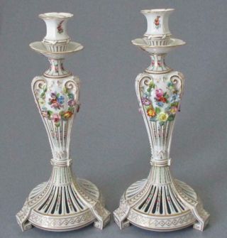 Antique DRESDEN HP Porcelain Reticulated CANDLESTICKS Encrusted SWAGS of FLOWERS 2