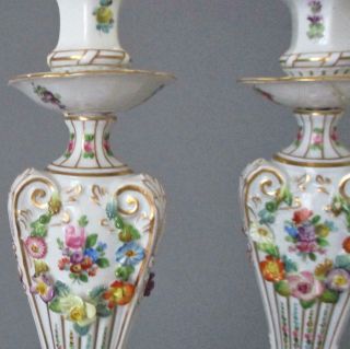 Antique DRESDEN HP Porcelain Reticulated CANDLESTICKS Encrusted SWAGS of FLOWERS 3