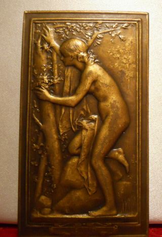 1900 French Splendid Art Nouveau 65mm Bronze Plaque By Dupuis Nude