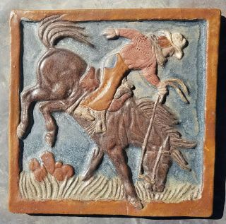 Bucking Bronco Rodeo Horse Rider Western Cowboy Arts & Crafts Art Pottery Tile