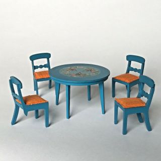 Vintage Lundby Swedish Dollhouse Furniture Blue Kitchen Dining Table 4 Chairs