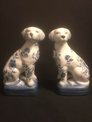 Pair Wl 1895 - Wong Lee Production 1895 Porcelain Blue & White Dogs - Marked 8 " H
