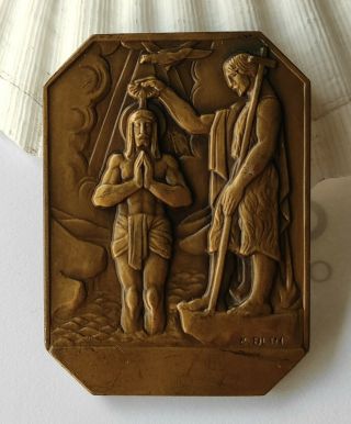 Vintage French Art Deco Signed Bronze Medal Plaque John The Apostle