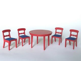 Vintage Lundby Swedish Dollhouse Furniture Red Kitchen Dining Table 4 Chairs