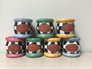 Set Of 7 Mackenzie Childs Courtly Check Ceramic Napkin Rings