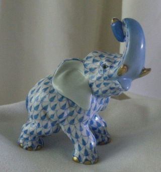 Herend Elephant With Curled Trunk Blue Fishnet Figurine 24k