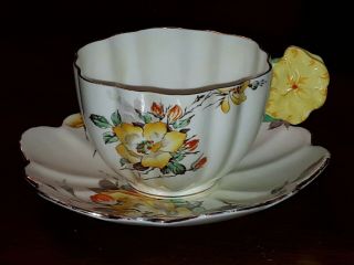 Antique Paragon Flower Handle Cup Saucer Scalloped Edge Hand Painted C.  1933