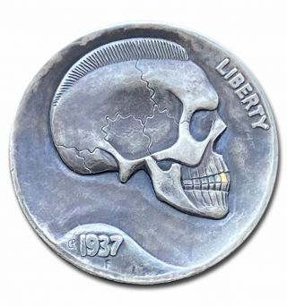 Hobo Nickel Coin 1937 Buffalo " Skull Punk " Hand Engraved By Gediminas Palsis