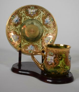 Moser Hand Blown Cup & Saucer With Heavy Raised Gold & Flowers