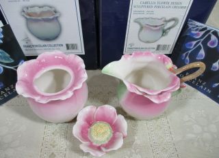 Franz Porcelain “camellia Flower” Sculpture Covered Sugar Jar/bowl & Creamer