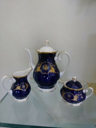 Reichenbach Echt Kobalt Blue Gold Floral Coffee Pot Creamer Sugar Bowl Set Gdr