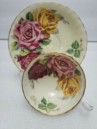 Vintage Aynsley Fancy Footed Cup And Saucer Three Large Cabbage Roses Gilt