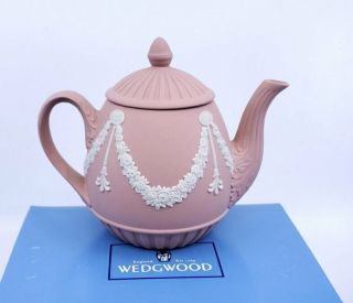 Fine Wedgwood Jasperware Miniature Mini Teapot Pink With Garlands 1