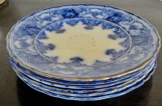 6 John Maddock And Sons Royal Vitreous Dainty Flow Blue 8 " Plates Gold Trim 2