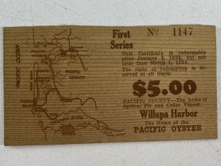 Willapa Harbor Currency $5 Five Dollars Wood Certificate South Bend Washington 2