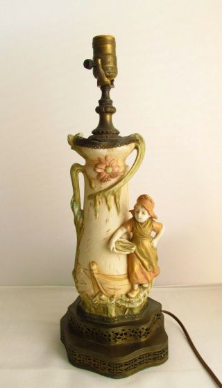 Royal Dux Art Nouveau Figural Floral Vase/lamp Dutch Girl With Fish 11 Inch.