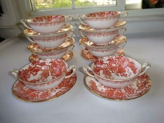 Set 8 Royal Crown Derby English Bone China " Red Aves " Cream Soup Bowl & Liners