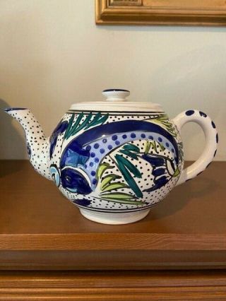 Le Souk Ceramique Hand Painted Aqua Fish Design Teapot Made In Tunisia Euc