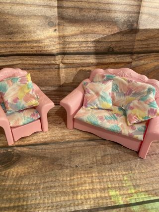 Vintage 1987 Barbie Sweet Roses Sofa Bed Couch & Chair With Cushions & Pillows