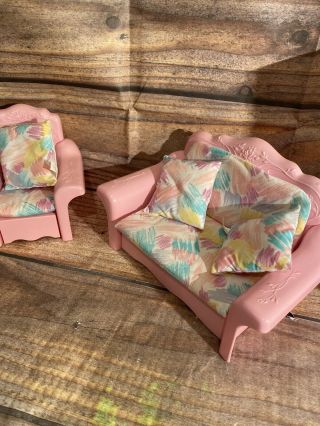 Vintage 1987 Barbie Sweet Roses Sofa Bed Couch & Chair with Cushions & Pillows 2