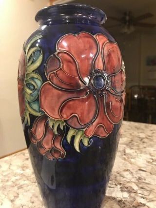 Moorcroft 393/10 Vase - Large 10” Tall,  Blue Floral,  Cylinder Vase,  Signed.