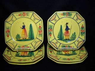 6 Hb Quimper France Yellow Soleil Lattice 10 " Hand Painted Dinner Plates