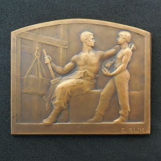 Antique Old French Art Nouveau Bronze Medal Plaque Family Values E.  Blin 1919