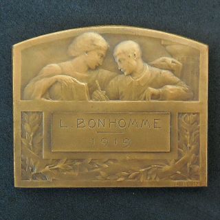 Antique OLD French ART NOUVEAU Bronze Medal Plaque Family Values E.  BLIN 1919 2
