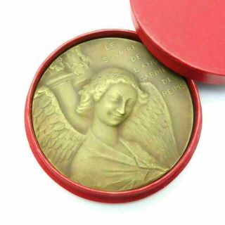 Antique French Bronze Smiling Guardian Angel Of Reims Art Medal