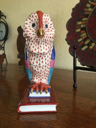 Herend Hand Painted Porcelain Fishnet Owl Figurine Bookend 5105 Large 8.  5” Rust