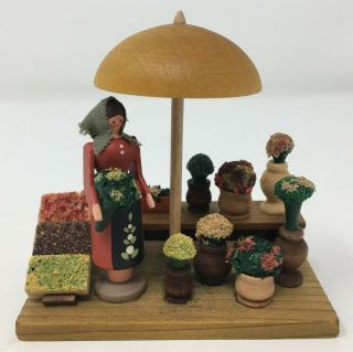 Artisan Stamped Wood Dollhouse Miniature Woman Flowers Display On Stand