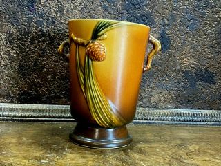 Vintage Roseville Pottery Brown Pine Cone Vase Double Handles 704 - 7