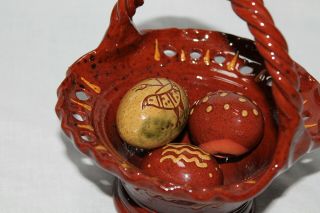 NED FOLTZ POTTERY REDWARE Decorated Painted Easter Basket with Eggs Brownware 2