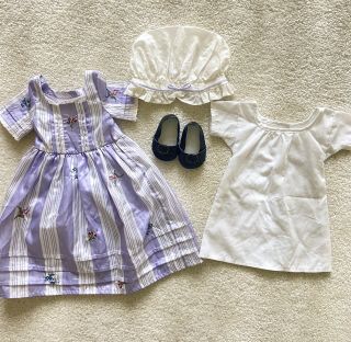 American Girl Doll Felicity Purple Meet Dress Traveling Gown Cap Shoes