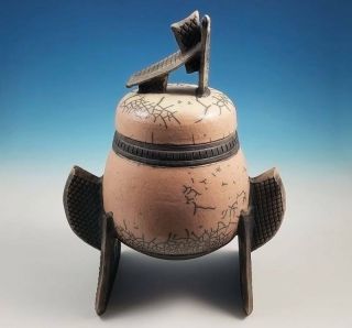 David Camden Studio Art Pottery Raku Fired Temple Jar Covered Vessel Virginia 86